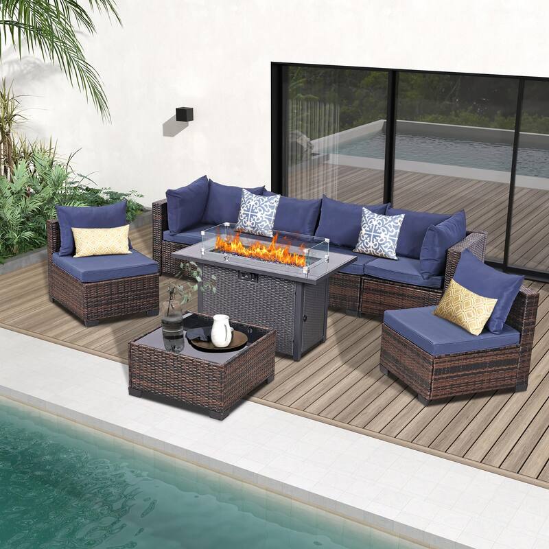 8 PCS Wicker Patio Conversation Set With Fire Table - Brown/Blue
