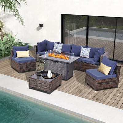 8 PCS Wicker Patio Conversation Set With Fire Table