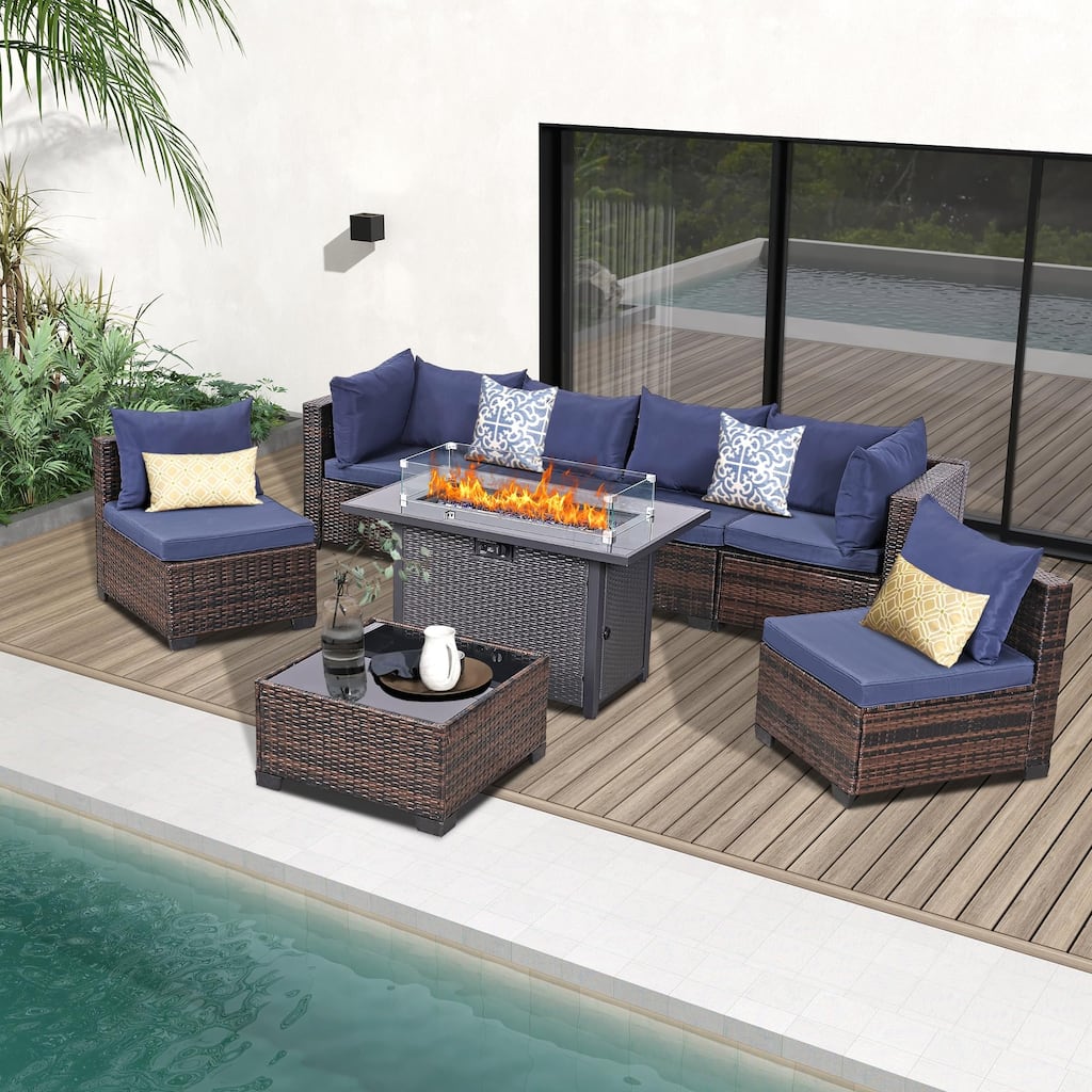 8 PCS Wicker Patio Conversation Set With Fire Table