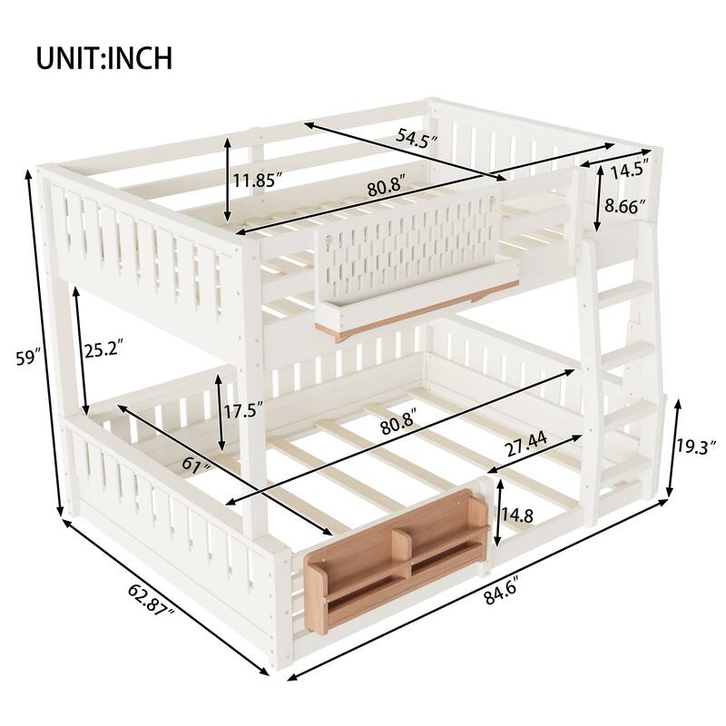 Wooden Bunk Bed of 3 Kinds Size with Pegboard, Bookshelf and Guardrails, Detachable Bunk Bed Convertible 2 Platform Beds