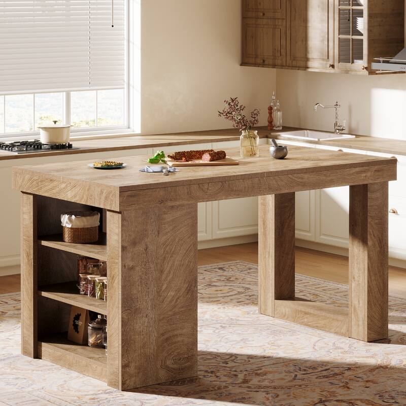 55 Inch Wood Kitchen Island with Storage, Stationary Island Table with Large Worktop for Kitchen, Dining Room, Living Room - Natural Wood