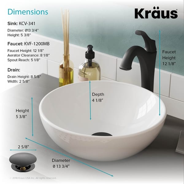 dimension image slide 0 of 4, Kraus 3-in-1 Set White Round Ceramic Vessel Sink Arlo Faucet w/ Drain