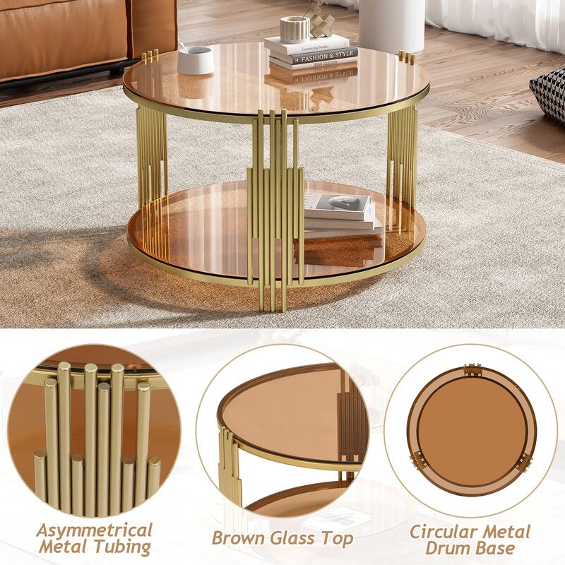 31.5" Glass Coffee Table with Asymmetrical Metal Base