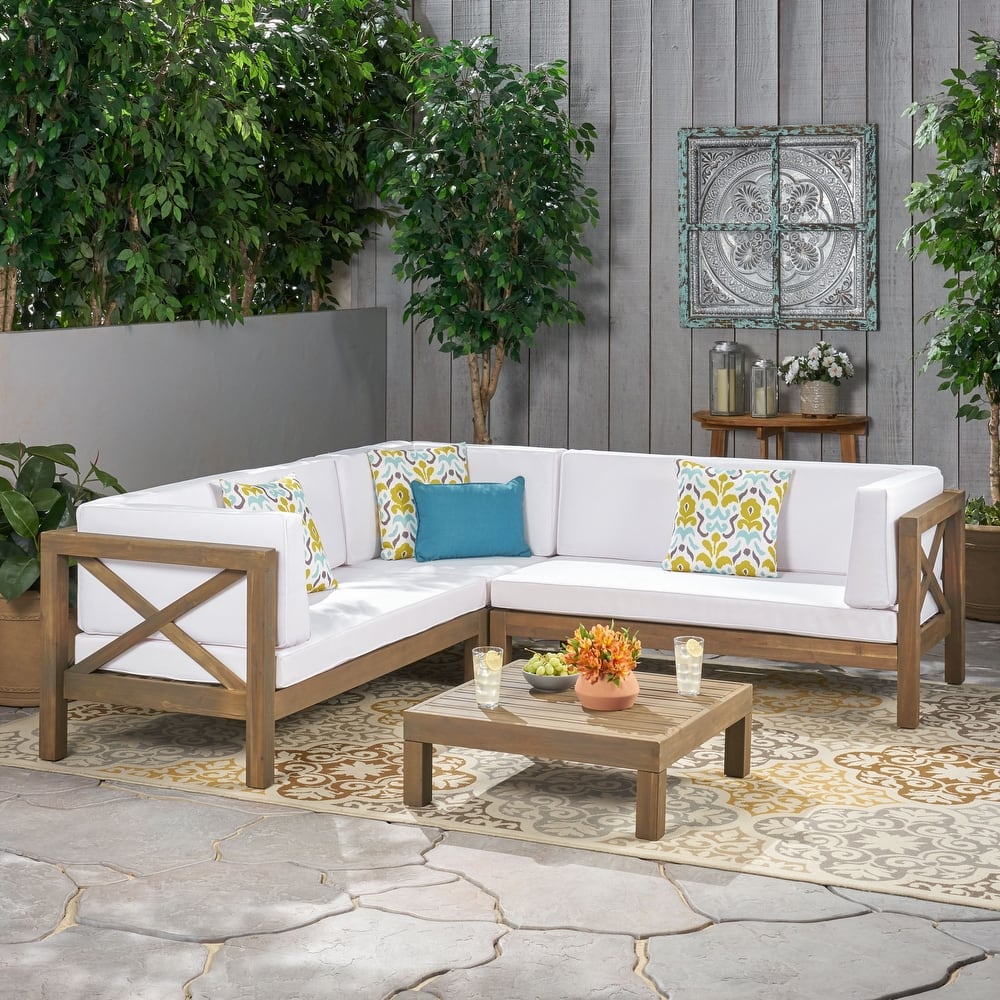Brava Outdoor 4 Piece V-Shaped Acacia Wood Sectional Sofa and Coffee Table Set by Christopher Knight Home