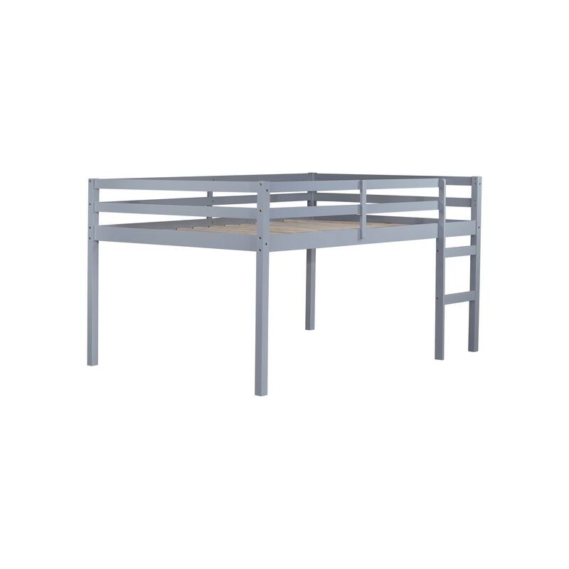 Full size Rubber Wood Low-Height Loft Bed with Ladder and Underbed Storage