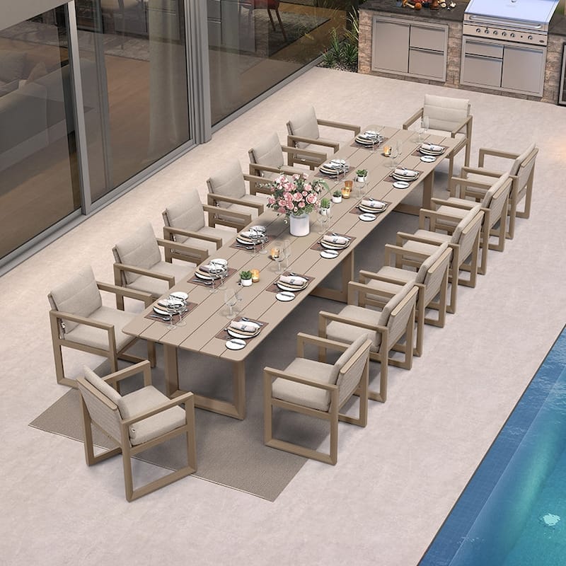 PURPLE LEAF Caesar Outdoor Dining Set Aluminum Luxury Patio Furniture with Olifen Removable Thick Cushion and Pillow-Khaki - N/A - 15-Piece（480）