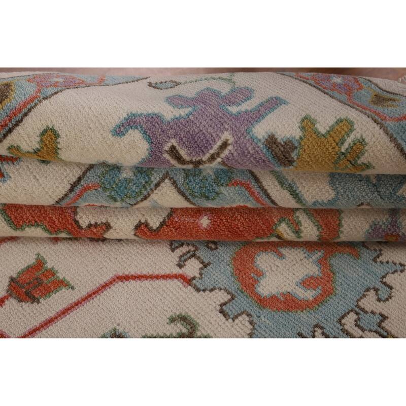 Beige Transitional Floral Oushak Area Rug Hand-Knotted Wool Carpet - 8'9" x 12'0"