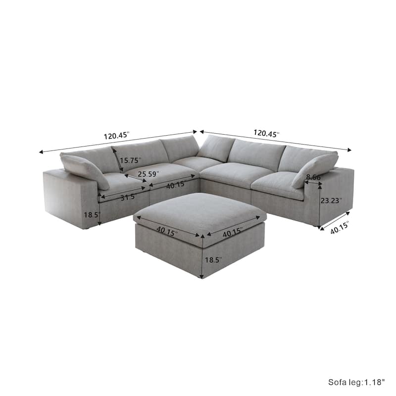 Oversize Down Filled 5-Piece Sectional Sofa with Storage Ottoman for Living Room