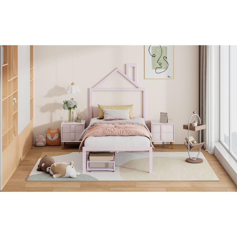 Twin Size Metal Platform Bed with Two Drawers & House Headboard