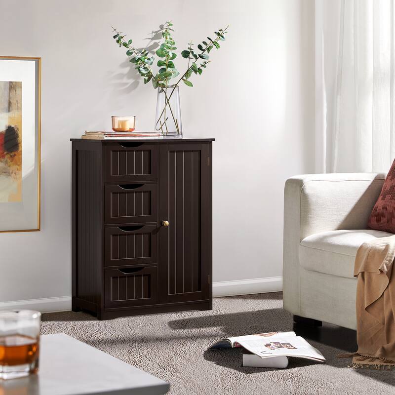 Yaheetech Large Bathroom Storage Cabinet Free-Standing Floor Cabinet with 4 Drawers and 1 Cupboard - Espresso