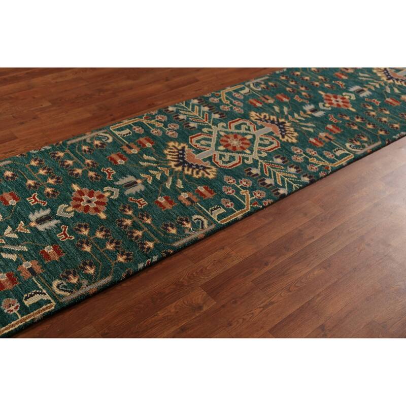 All-Over Green Kazak Indian Runner Rug Handmade Wool Carpet - 2'6"x 9'11"