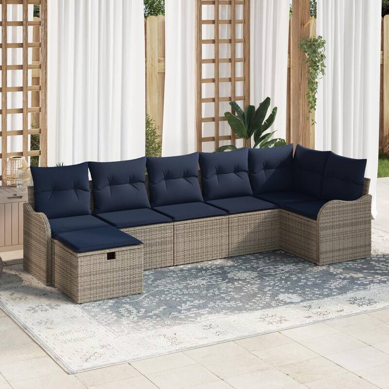 vidaXL 7/8 Garden Sofa Set with Cushions Black/Brown/Grey Poly Rattan - 113.2 x 48.2 x 27.2 - Grey without table