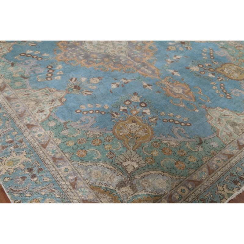 Blue Tabriz Persian Antique Area Rug HandKnotted Wool Carpet 8'9"x