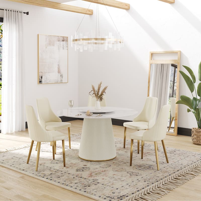 Modern 53" Round White Dining Table for 6 Person Marble Top Gold & Black Pedestal