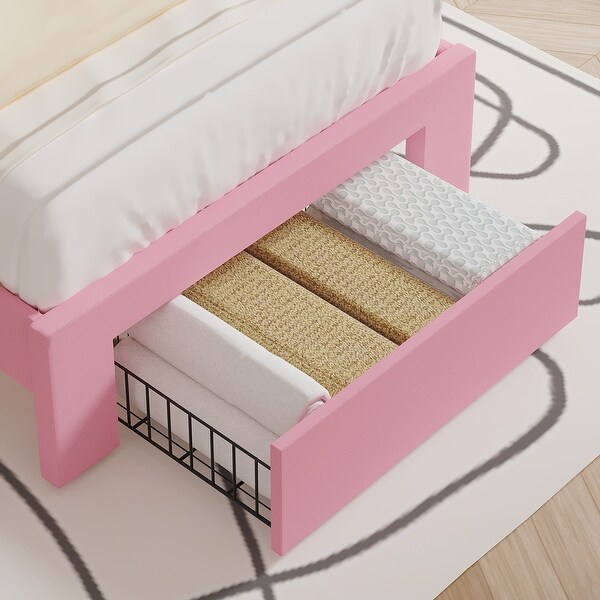 Pink Bed Frame with 4 Storage Drawers, Upholstered Platform