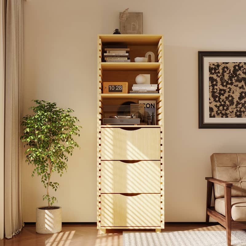 Tall Wooden Storage Cabinet with 3 Drawers and Adjustable Shelves, Solid Wood Slat Design