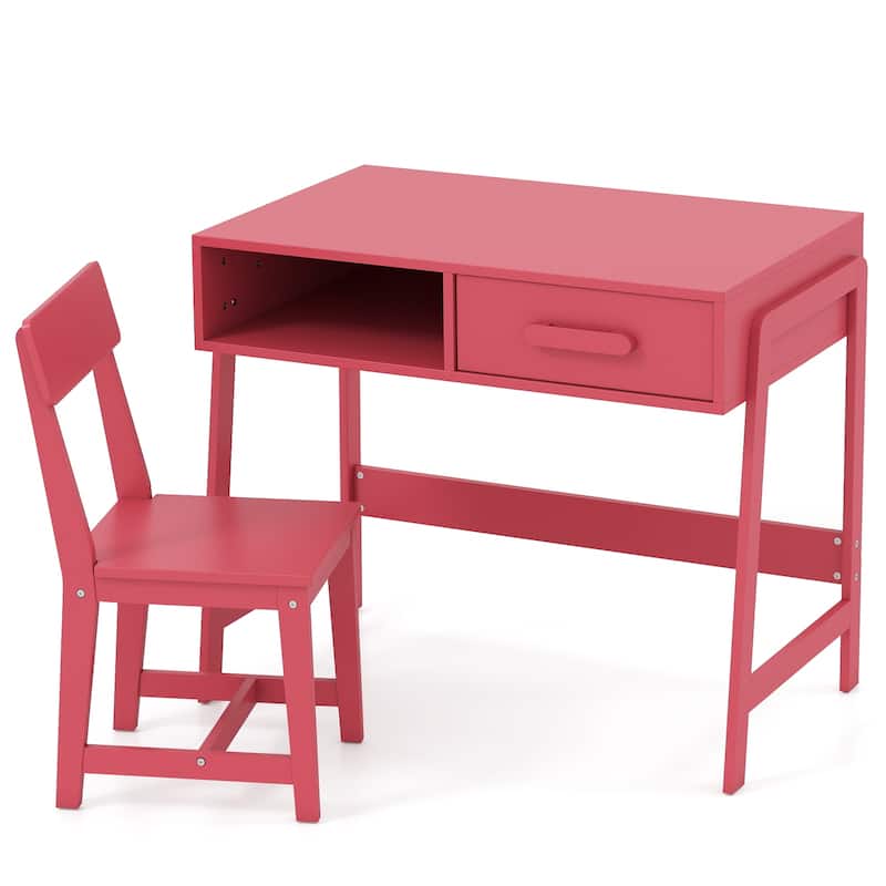 Kids Study Table and Chair Set with Storage Drawer and Hutch and Pine Wood Frame for 3 Over Years Old - 33.5" x 19" x 27.5"
