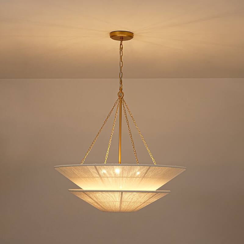 Woven Ivory String 2-Tier Round Shallow Cone Cage Chandelier Brass - 30 Inches