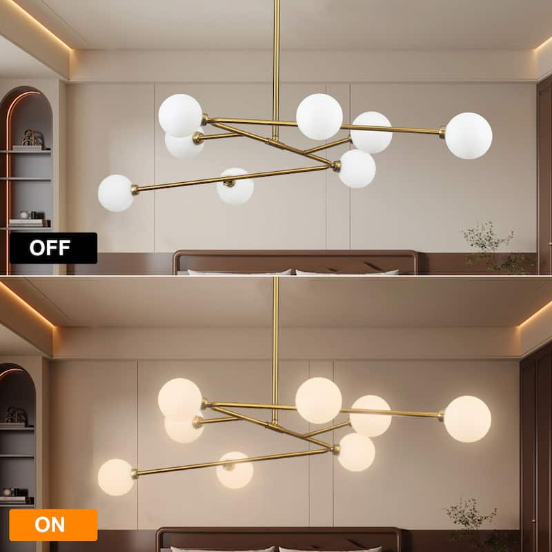 8-Light Mid - Century Modern Brass Sputnik Chandelier with Frosted Glass Globes