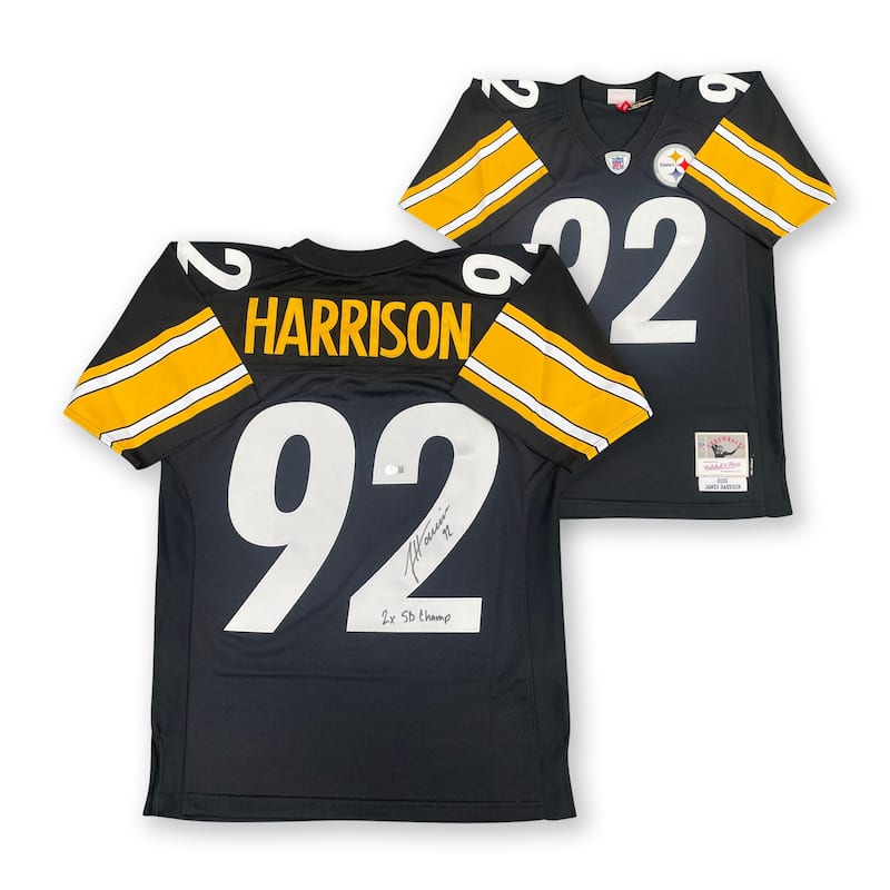James Harrison Autographed Pittsburgh Steelers Signed Mitchell and Ness Football Jersey 2 x SB CHAMP Beckett COA - 2 x 5