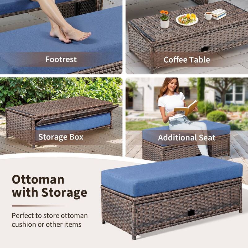 Gymojoy Adjustable Outdoor Wicker Daybed Patio Sofa Bed, 5-Position with Storage Ottoman