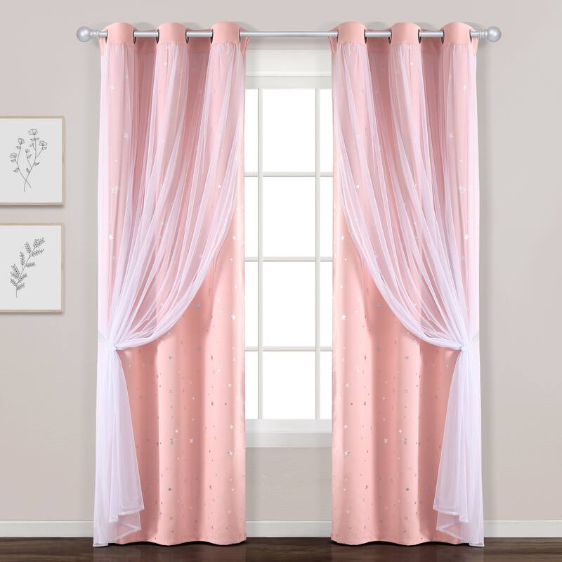 Lush Decor Star Sheer Insulated Grommet Blackout Window Curtain Panel Pair - 84 Inches - Pink