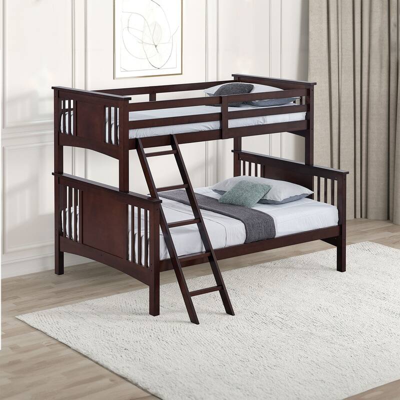 Twin-over-Full Wood Bunk Bed with Angled Ladder - Dark Walnut