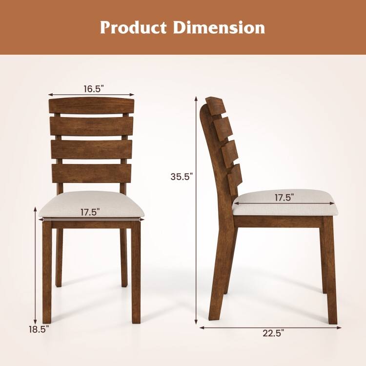Natural and Beige Rubber Wood Dining Chair Set of 2 with Slatted Backrest, Sponge Cushion - 22.5” x 17.5” x 35.5”