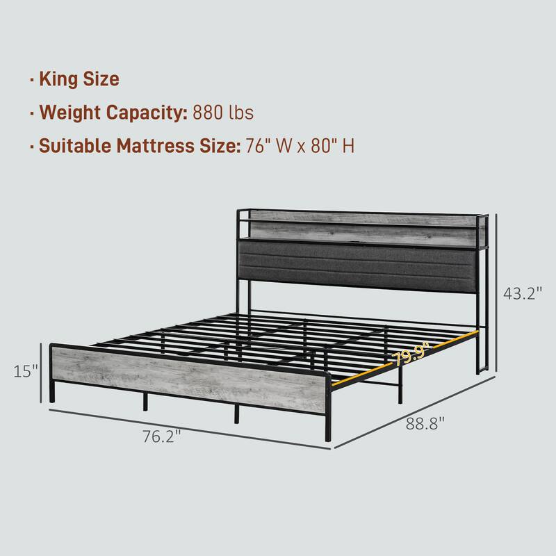 Upholstered Bed Frame with Storage Headboard,Charging Station