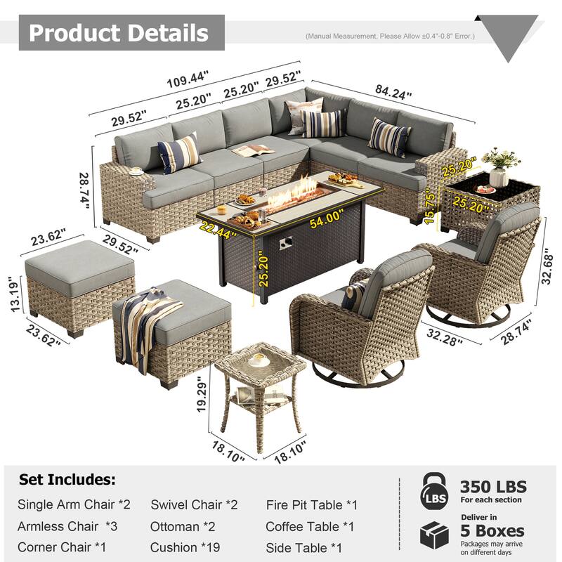 XIZZI 13-Piece Outdoor Wicker Sectional Swivel Chairs Set with Firepit Table