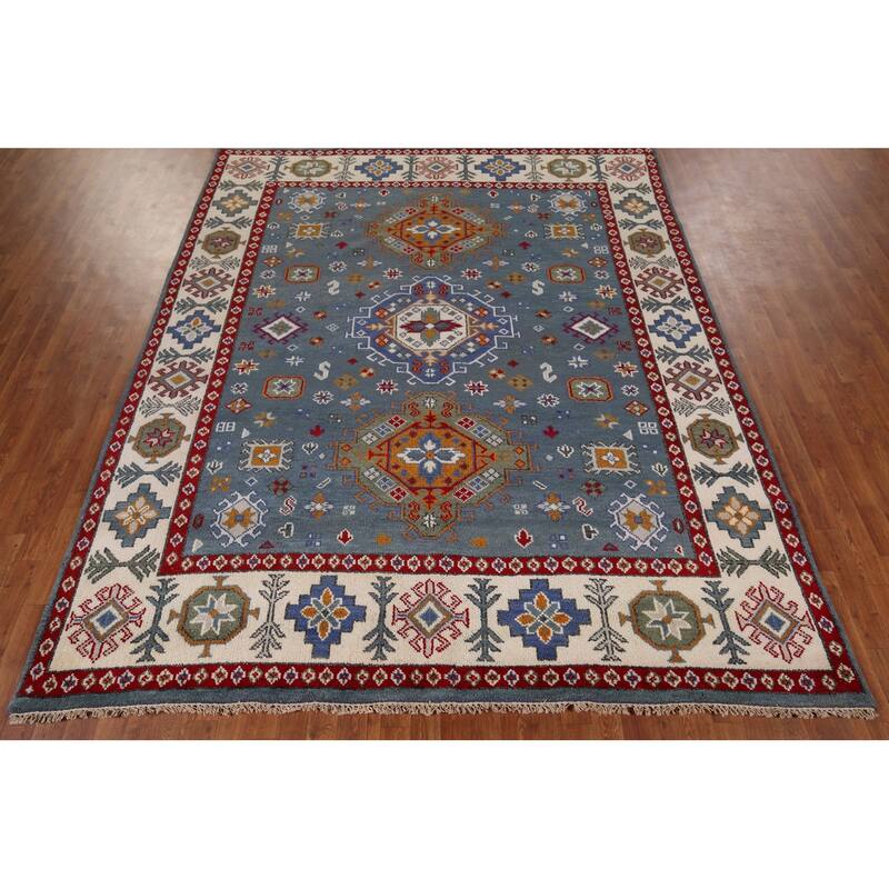 Geometric Blue Kazak Oriental Area Rug Hand-Knotted Wool Carpet - 7'11" x 9'9"