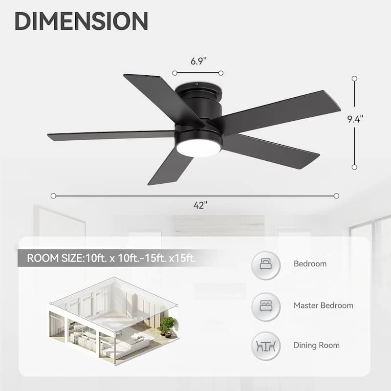 42"/52" Modern Black Flush Mount Ceiling Fan with LED Light and Remote