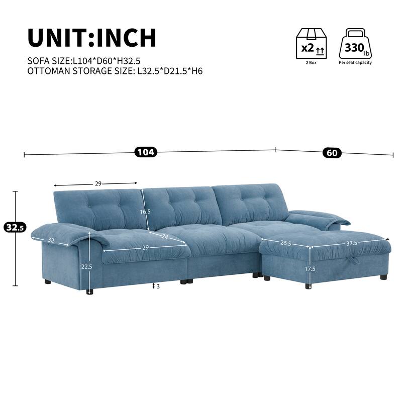 Chenille Tufted L-Shape Sectional Sofa with Storage Ottoman, Pockets and All-in-one Armrest with Dual-Port Charging, Cup Holder