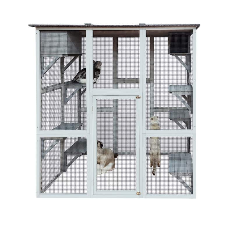 Outdoor Cat Enclosure with Roof, Platforms & Boxes, 30" to 70.9" Wide