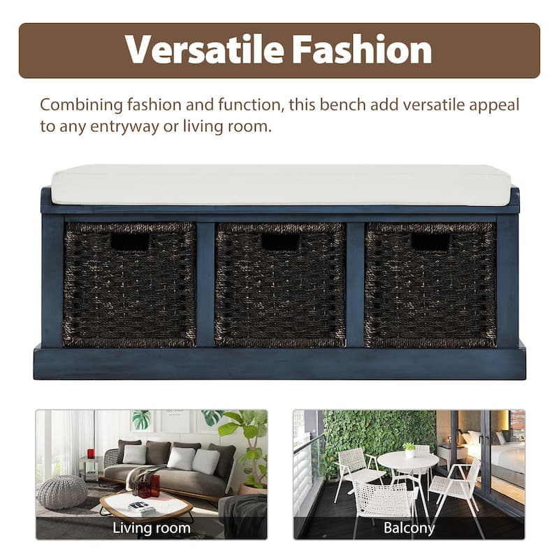 Entryway Storage Bench with 3 Removable Basket, Shoe Bench with Removable Cushion for Living Room, Entryway, Hallway