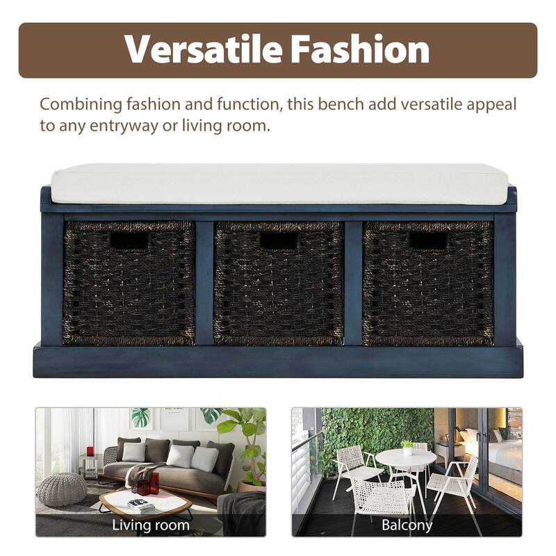 Rustic Storage Bench with 3 Removable Classic Rattan Basket , Entryway Bench with Removable Cushion