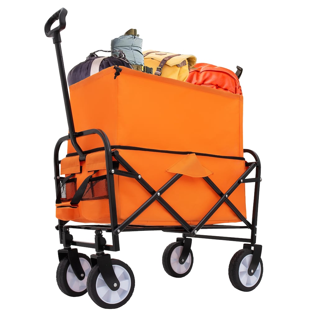 Heavy-Duty Collapsible Wagon with Storage Straps - 225lb Capacity Utility Cart, Orange