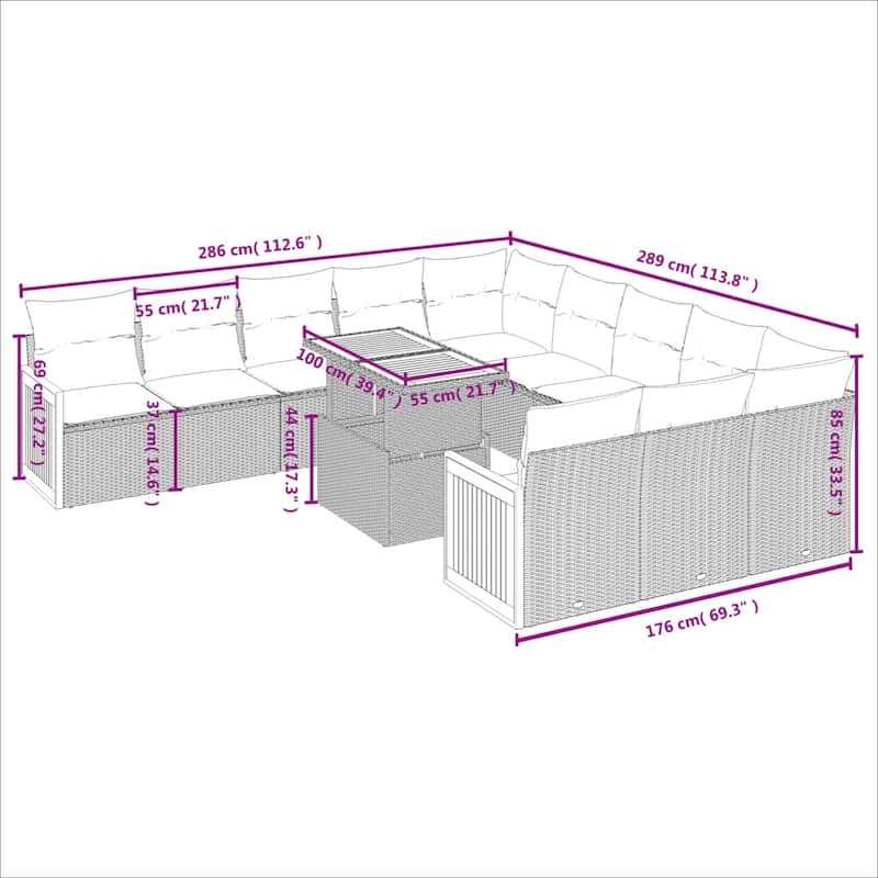 vidaXL 11 Piece Patio Sofa Set with Cushions Black/Gray Poly Rattan - 21.7 x 24.4 x 27.2