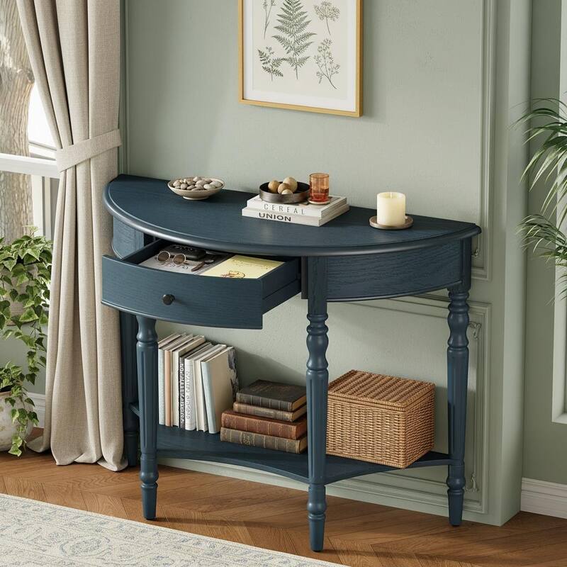 Half-Moon Farmhouse Console Table with Drawer & Shelf by Harper&Bright Designs