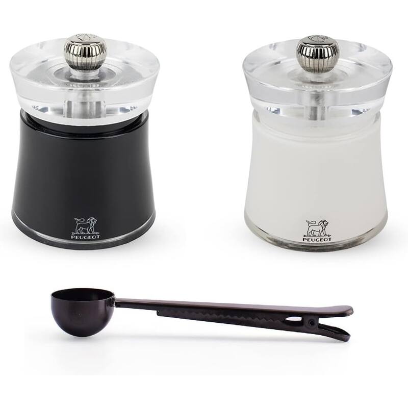 Peugeot Bali Acrylic White & Black Salt & Pepper Mill Gift Set 3.15" - With Stainless Steel Spice Scoop/Bag Clip - 3 Piece