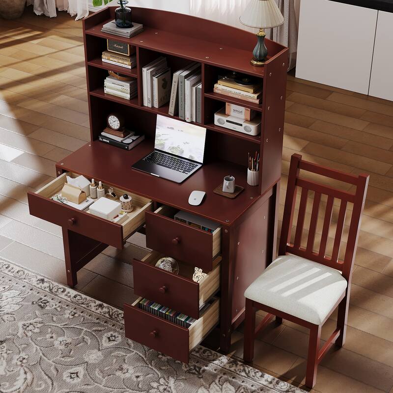 Computer Desk Set with 4 Drawers, Storage Shelf and Chair Writing Desk