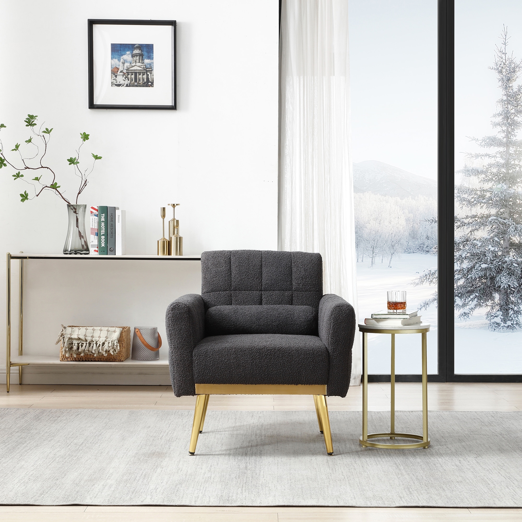 Grey accent chair store with gold legs