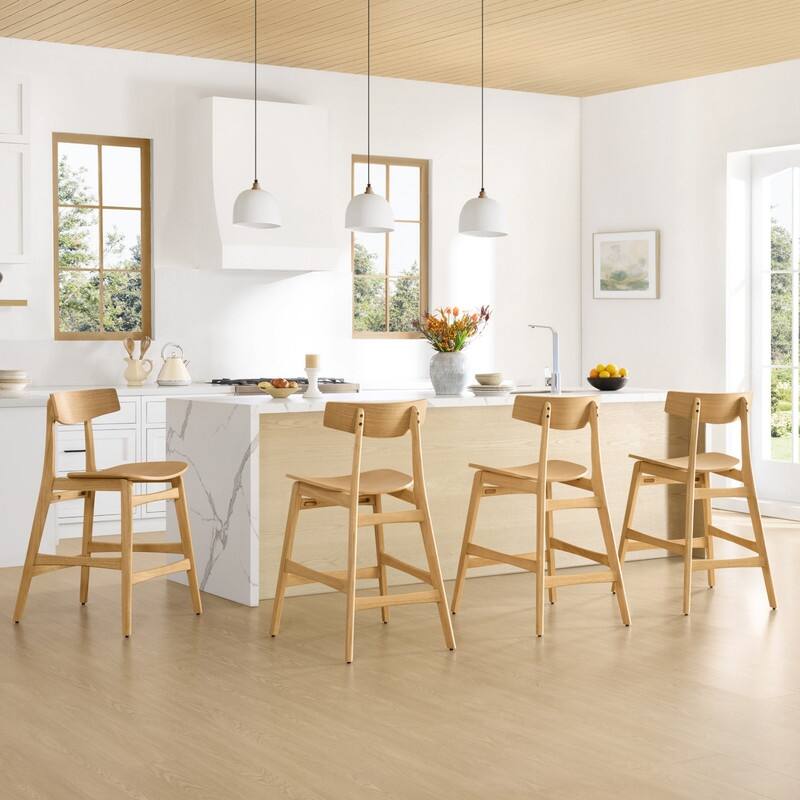 Spruce & Spring Modern Farmhouse Bar Stool with Bentwood Back and Saddle Seat - Set of 4 - Oak