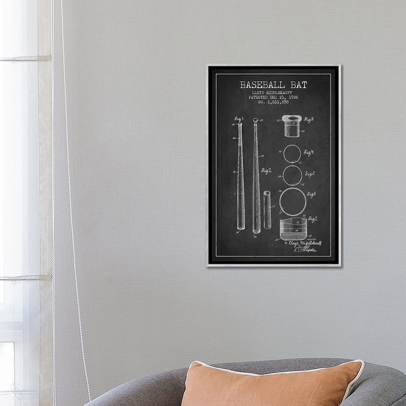 iCanvas "Baseball Bat Charcoal Patent Blueprint" by Aged Pixel Framed