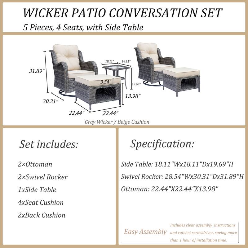 5 Piece Outdoor Wicker Patio Furniture Swivel Chair with Ottoman Set