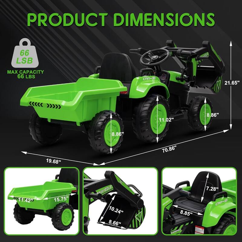 12V Kids 3 in 1 Ride on Excavator & Tractor with Detachable Trailer