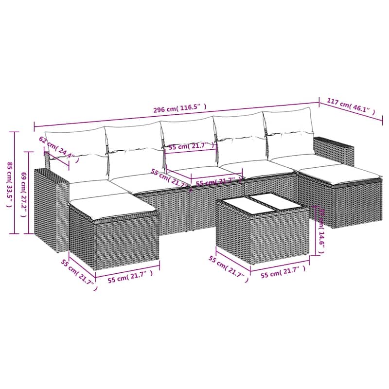 vidaXL 7/8 Piece Patio Sofa Set with Cushions Black Poly Rattan - 21.7" x 24.4" x 27.2"