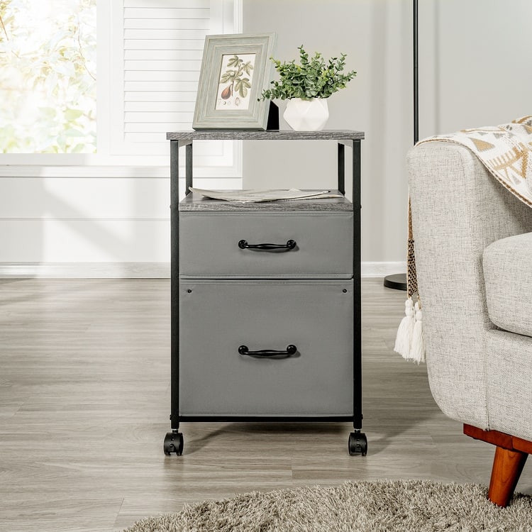 2 Drawer Mobile File Cabinet Rolling Printer Stand with Open Storage Shelf Fabric Vertical Filing Cabinet