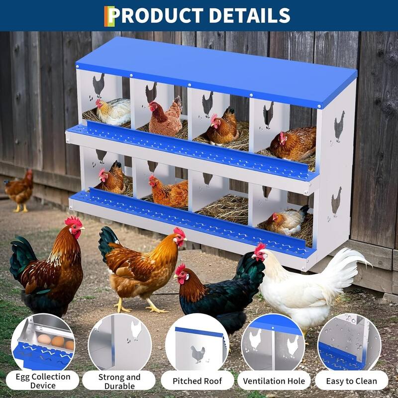 8 Compartment Metal Chicken Nesting Box, Laying Box for Hens Ducks Rabbits, Blue
