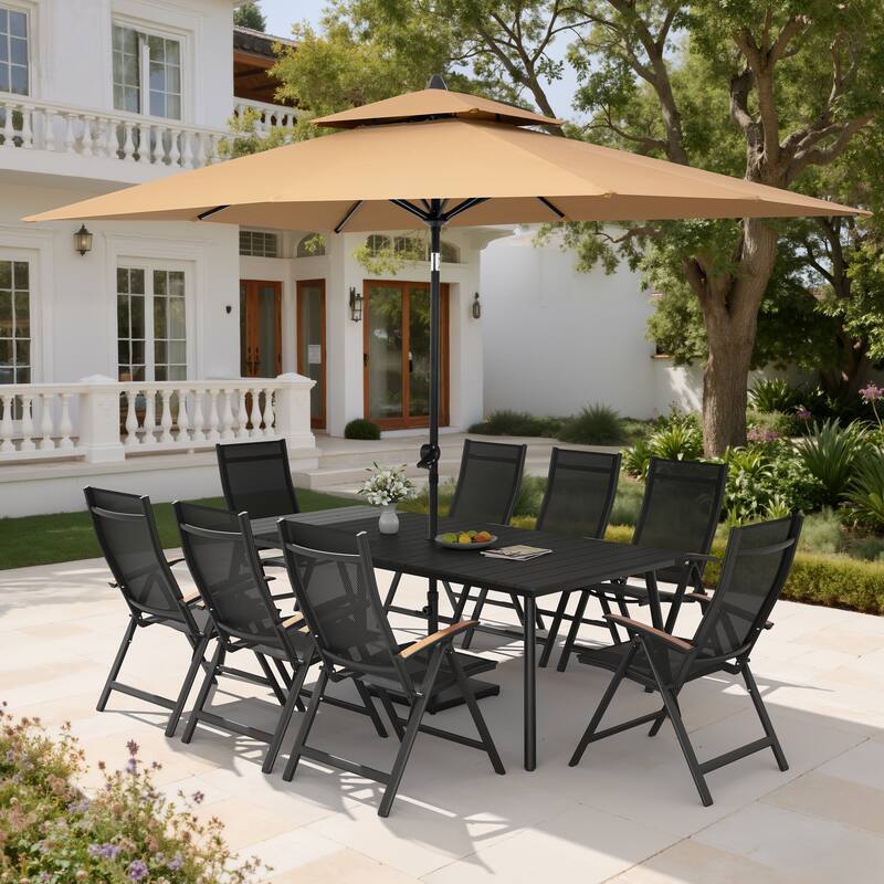 11PC Outdoor Patio Dining Set Aluminum Table with Folding Armchairs w/ Market Umbrella Sets - BlackTable&BlackChairs&TanUmbrella